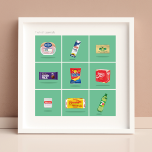 Modern Irish wall art print featuring iconic Irish products